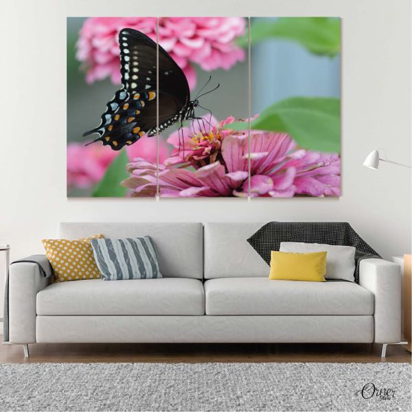 butterfly in pink flowers wall art