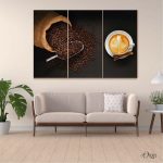 coffee beans bag and latte art food wall art