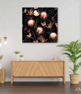 blooming protea flowers and butterflies