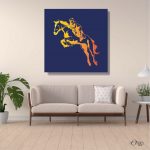 yellow racing horse on blue background animal wall art