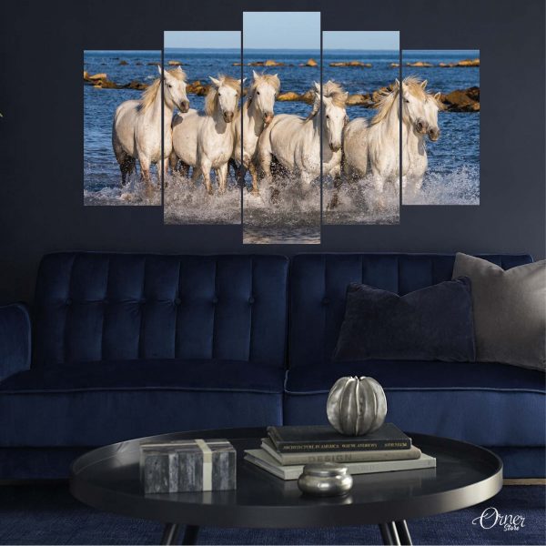 white camrgue horses at ocean animal wall art