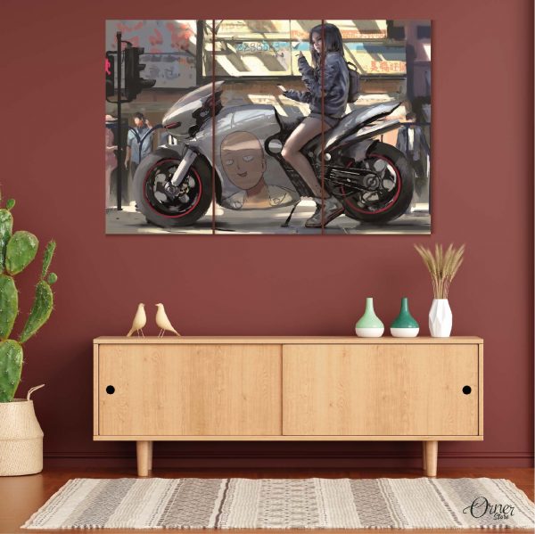 saitama picture on a silver bike wall art