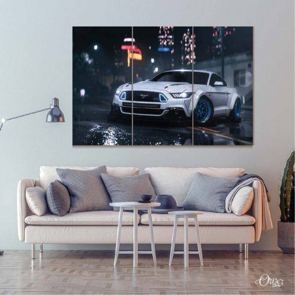 white food mustang in the rain car wall art