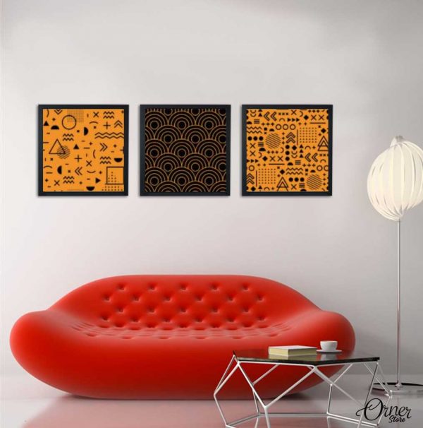 Black & Orange Spiral Art (3 Panels) | Abstract Wall Art