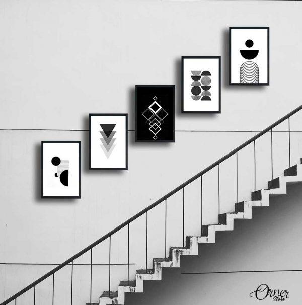 Black and White Modern Geometrical Art | Set of 5 | Complete Wall Setup
