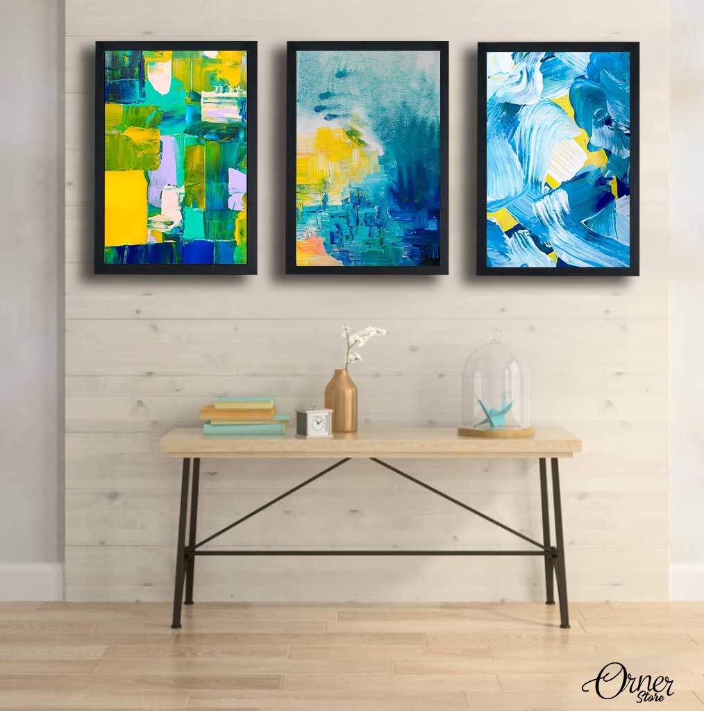 Blue & Yellow Brush Strokes Textured Art | Set of 3 | Abstract Wall Art