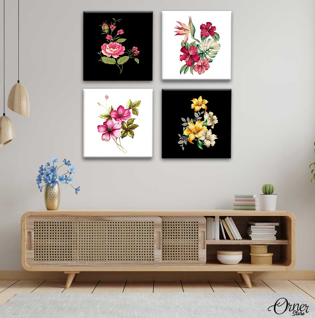 Colourful Flowers On Black and White | Set of 4 Square | Floral Wall Art