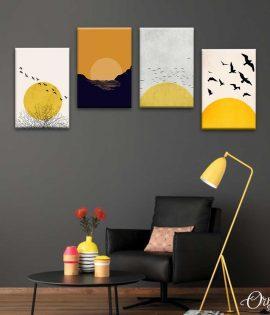 Flock of Birds over Yellow Sunset | Set of 4 Posters | Complete Wall Setup