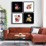 Flowers On Black and White | 4 Square Panels | Floral Wall Art