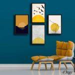 Flock of Birds over Yellow Sunset | Set of 4 Posters | Complete Wall Setup