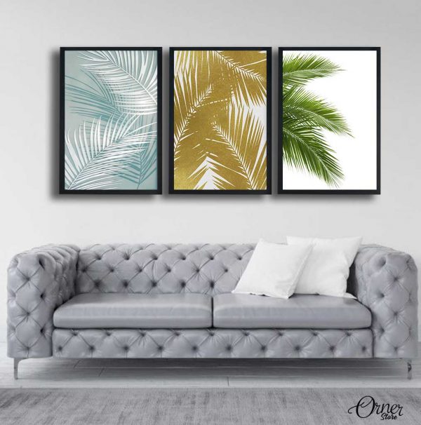 Gold, Blue & Green Tropical Leaves | 3 Panels | Floral Wall Art