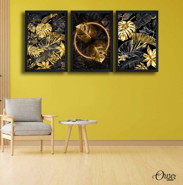Golden Leaves Art | Set of 3 | Floral Wall Art
