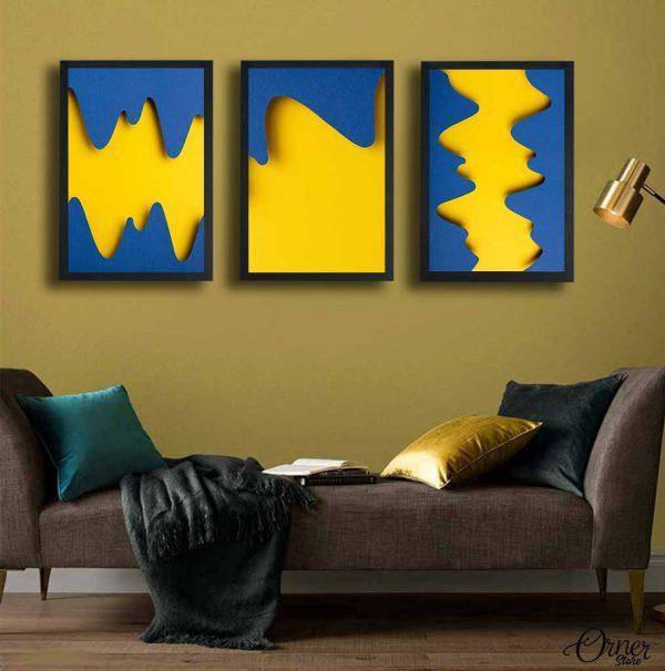 Psychedelic Yellow & Blue Paper Shapes | Set of 3 | Abstract Wall Art