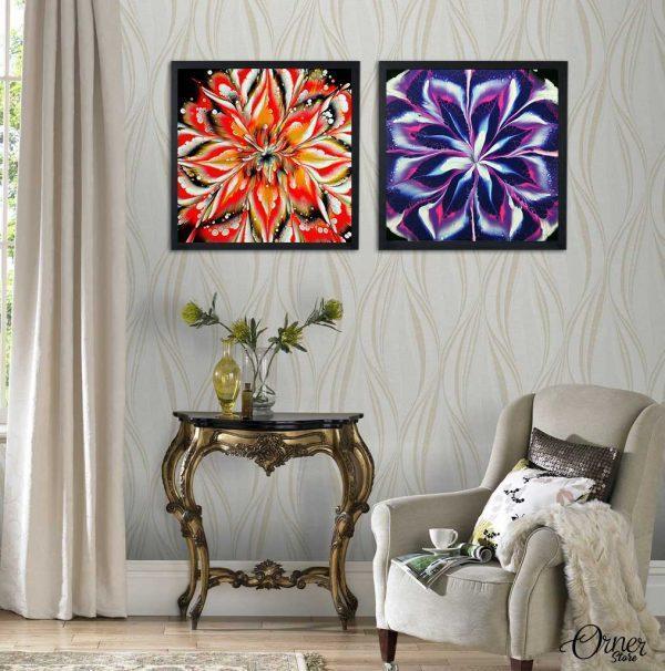 Purple & Orange Whirlwind Flow Art | Set of 2 Square | Floral Wall Art