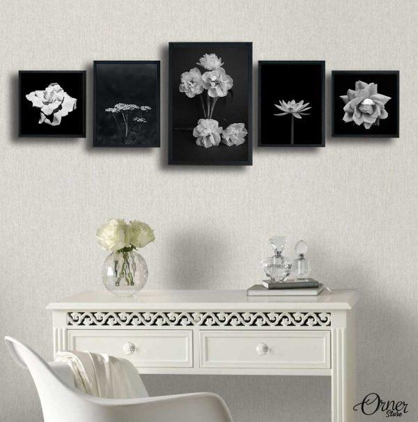 Black and White Floral Art Set | Set of 5 | Complete Wall Setup